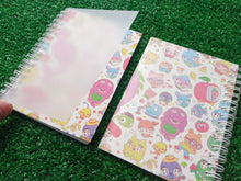 Load image into Gallery viewer, two spiral-bound notebooks showing the front and back of a colorful cartoon character pattern, placed on a green grass-like surface. the photo demonstrates a frosted plastic sheet on the front and back of the book.
