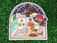 a die-cut sticker featuring a whimsical cartoon dinosaur museum scene. the sticker shows a dinosaur skeleton, a red bird character with wings, a cat, a tiger, and various colorful exhibits inside a building with an arched roof.