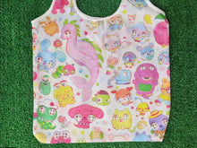Load image into Gallery viewer, a white shopping bag style tote bag featuring nostalgic character doodles on the print.
